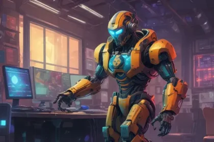 A trading bot looks like mech going to trade crypto in his laptop