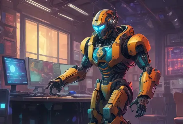 A trading bot looks like mech going to trade crypto in his laptop