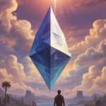 giant ethereum crypto coin rising in sky