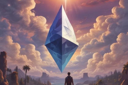 giant ethereum crypto coin rising in sky