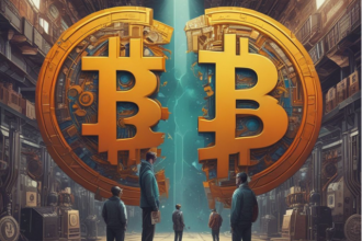 cover image of a bitcoin coin halving into 2 bitcoins coins 2024
