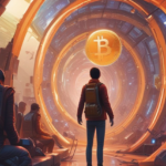 3 persons looking at a Bitcoin Coin floating in a futuristic tunnel