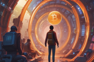 3 persons looking at a Bitcoin Coin floating in a futuristic tunnel