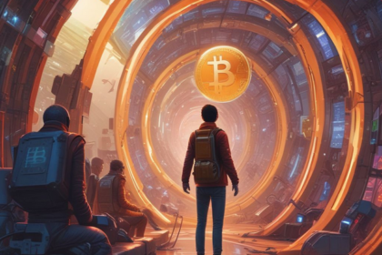 3 persons looking at a Bitcoin Coin floating in a futuristic tunnel