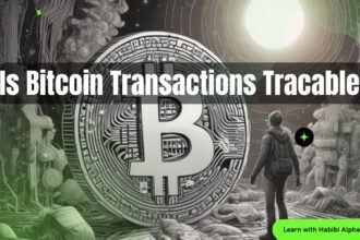 a person looking at a giant Bitcoin coin in a futuristic world